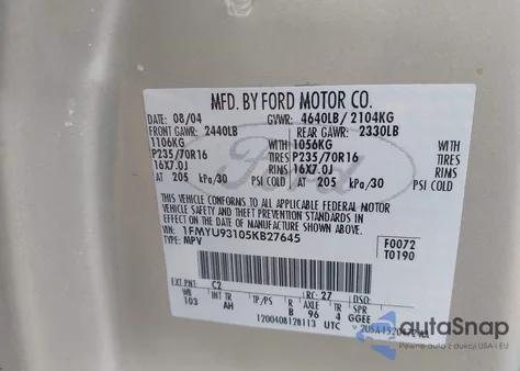 2005 Ford Escape Xlt from USA, damaged, VIN 1FMYU93105KB27645